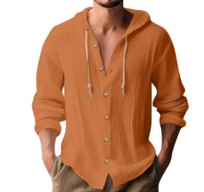 Cotton And Linen Shirt Hooded Sweater Button Long Sleeve (Option: Orange-M)