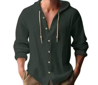 Cotton And Linen Shirt Hooded Sweater Button Long Sleeve (Option: Dark green-XL)