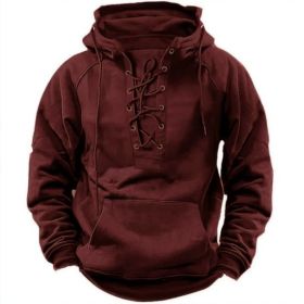 Ins Lace-up Hoodie Casual Sports Pocket Sweatshirt Men's Long-sleeved Top Clothing (Option: Wine red-3XL)