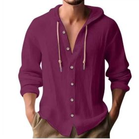 Cotton And Linen Shirt Hooded Sweater Button Long Sleeve (Option: Purple-XXL)