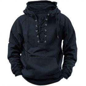 Ins Lace-up Hoodie Casual Sports Pocket Sweatshirt Men's Long-sleeved Top Clothing (Option: Black-S)
