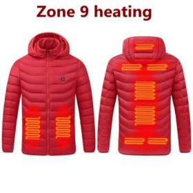 Men 9 Areas Heated Jacket USB Winter Outdoor Electric Heating Jackets Warm Sprots Thermal Coat Clothing Heatable Cotton jacket (Color: 9 Areas heated Red, size: 4XL)