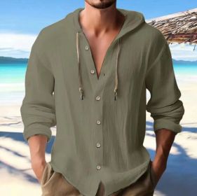Cotton And Linen Shirt Hooded Sweater Button Long Sleeve (Option: Army Green-XXXL)