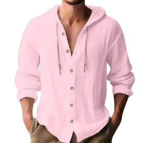 Cotton And Linen Shirt Hooded Sweater Button Long Sleeve (Option: Pink-XXXL)