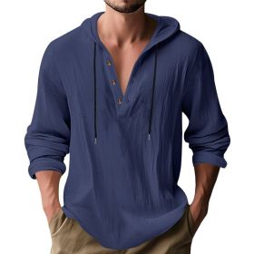 New Wish Cotton Linen Shirt Hooded Sweater Long Sleeve Hooded Casual Daily Clothing (Option: Navy Blue-XXL)