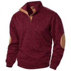 Men's Stand Collar Knitted Joint Stitching Casual Jacquard Cardigan Sweater (Option: Wine Red-M)