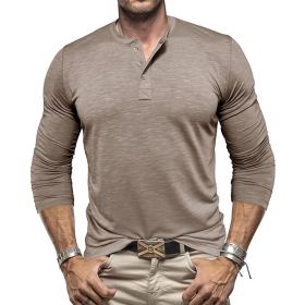 Men's Long-sleeved Henry Collar T-shirt (Option: Khaki-L)