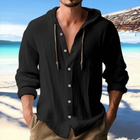 Cotton And Linen Shirt Hooded Sweater Button Long Sleeve (Option: Black-L)