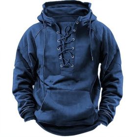 Ins Lace-up Hoodie Casual Sports Pocket Sweatshirt Men's Long-sleeved Top Clothing (Option: Blue-L)